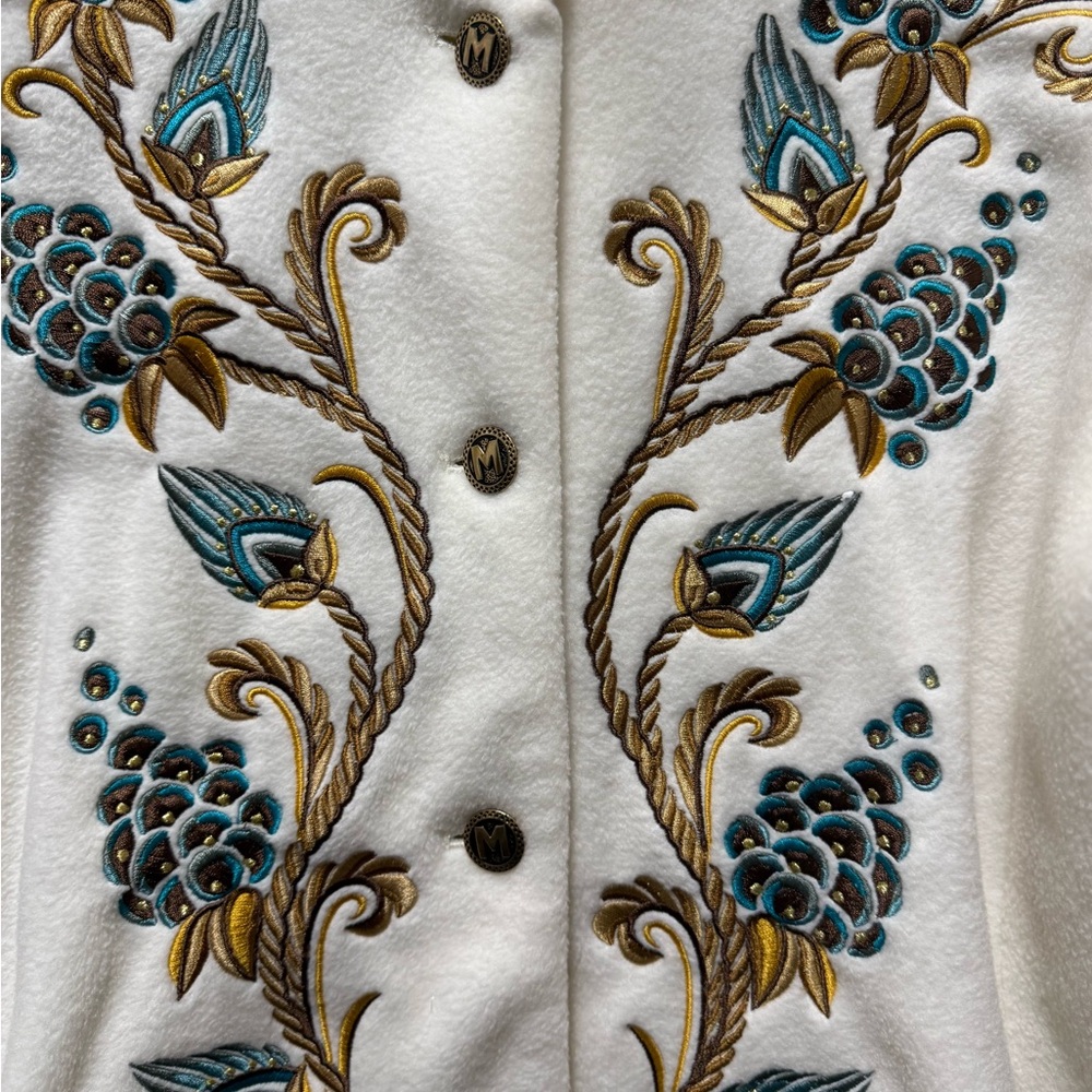 Bob Mackie Wearable Art Embroidered Jacket Floral Ivory L Button Front - Picture 2 of 5